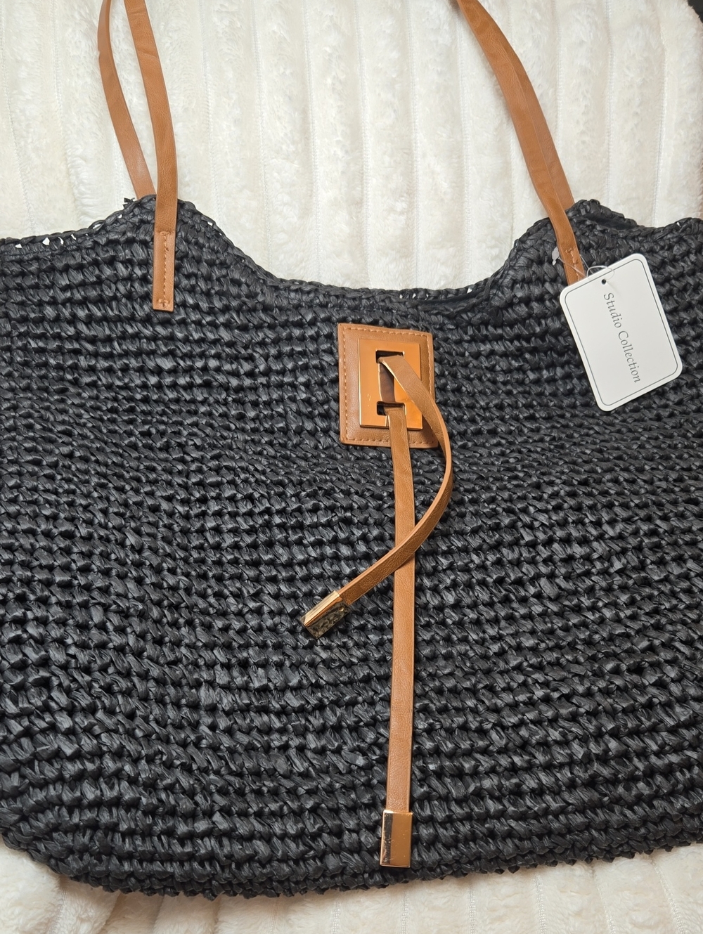 Stylish Black Raffia Woven Tote with Tan Trim -NWT